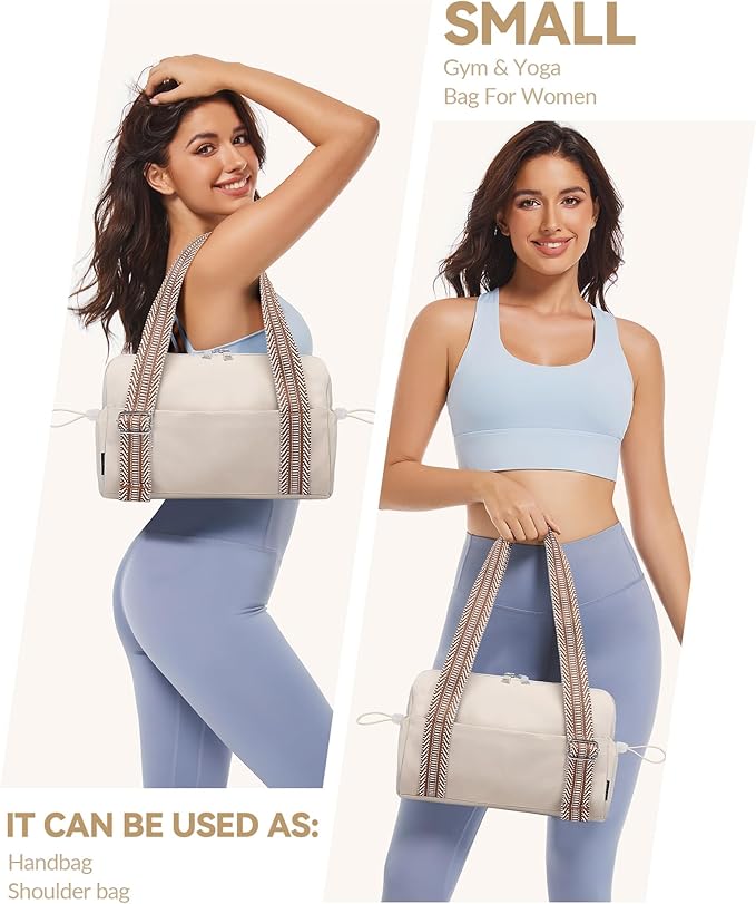 Small Gym Bag for Women Mini Duffle Bag with Guitar Strap, Lightweight Waterproof Cute Tote with Wet Compartment for Girls Workout Sport Travel, Beige