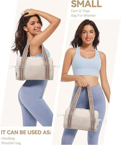 Small Gym Bag for Women Mini Duffle Bag with Guitar Strap, Lightweight Waterproof Cute Tote with Wet Compartment for Girls Workout Sport Travel, Beige