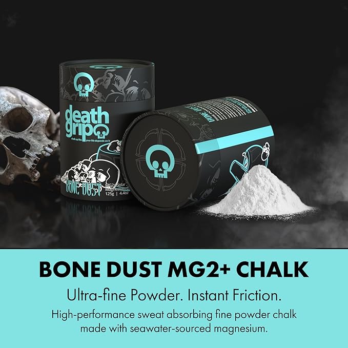 Death Grip Bone Dust MG2+ Climbing Chalk – 125g Fine Powder Magnesium Carbonate from Solar Seawater – High-Performance Hand Chalk for Climbing, Bouldering, Weightlifting, Gymnastics & Training