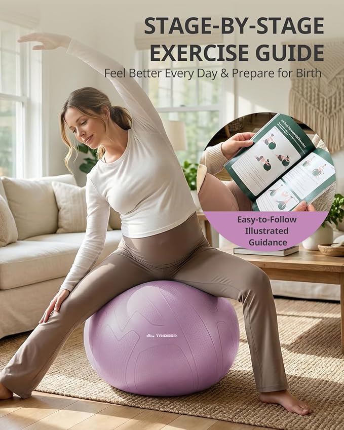 Trideer Pregnancy Birthing Ball, 1.7mm Extra Thick Yoga Ball for Maternity, Labor, Physio, Recovery, Illustrated Exercise Guide & Baby Memory Book Included, 1000LB Anti-Burst & Non-Slip Stability Ball