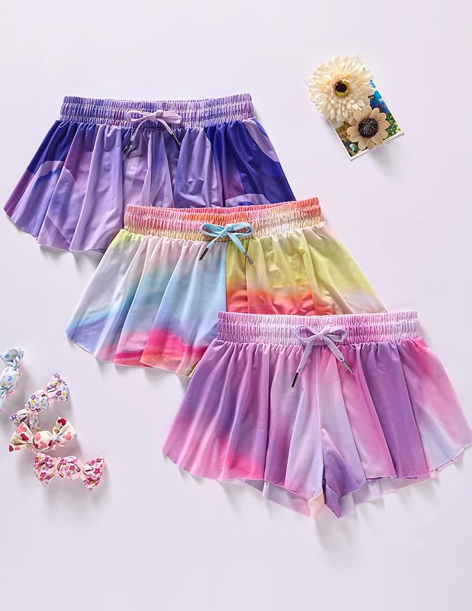 3 Pack Girls Flowy Shorts with Spandex Liner 2-in-1 Youth Butterfly Skirts for Fitness, Running, Sports