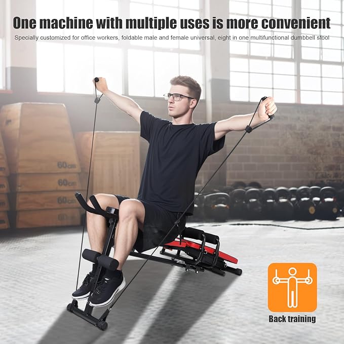 Ab Workout Bench, Adjustable Ab Crunch Machine for Home Gym - Multi-Functional Foldable Sit Up Bench with Preacher Curl Pad & Resistance Bands, Heavy-Duty Exercise Equipment for Arm/Back