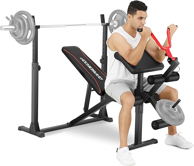 OPPSDECOR 900LBS Weight Bench Set with Squat Rack Preacher Curl Weight Bench with Leg Extension Bench Press Set Workout Bench for Home Gym Full Body Workout