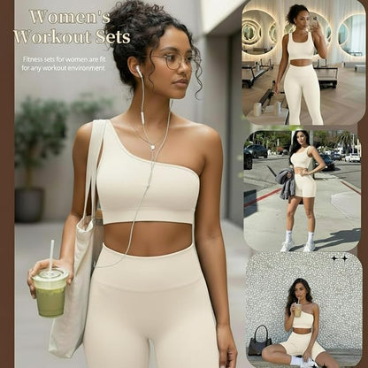 4 Pcs Women's Workout Sets Pilates Exercise Outfit Ribbed Scoop Neck Sports Bra Shorts Leggings Gym Clothes Set