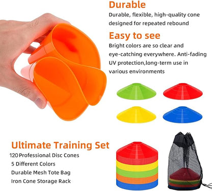 60/120 Pack Agile Soccer Cones with Portable Bags & Brackets,Sports Cones,cones for sports training，soccer cones for training，soccer training equipment，Agile Soccer Cones Used for Football Training