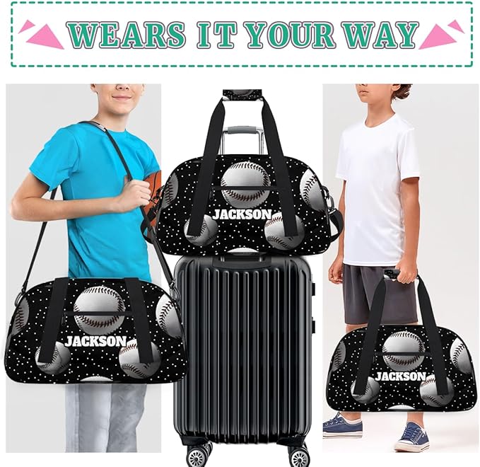 Personalized Baseball Gym Duffel Bags for Kids Boys with Custom Name Sport Training Travel Bags for Overnight Weekender, Black White