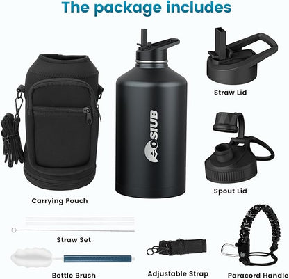 Insulated Water Bottle 128 oz, Triple Wall Vacuum Stainless Steel(Cold for 48 Hrs),Leak Proof & BPA-Free,Half Gallon Water Bottle with Reflective Paracord & Flip Straw for Sports & Travel, Black