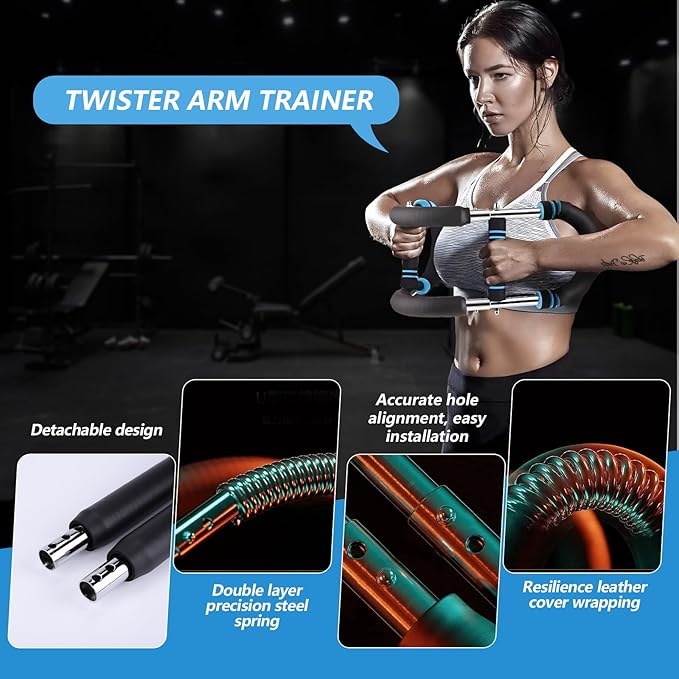 Twister Arm Trainer, 40-110lb Adjustable Power Bar, Chest Shoulder Arm Workout Equipment, Portable Detachable Spring Resistance for Home Gym, Men & Women