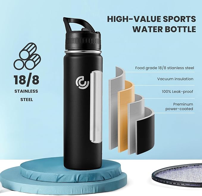 COKTIK 22oz Sports Water Bottle, Stainless Steel Water Bottle for Insulated, Reusable Travel Bottle, With Straw, With Handle Grip for Easy Carrying, Suitable for Cycling, Outdoor Vacations(Black)