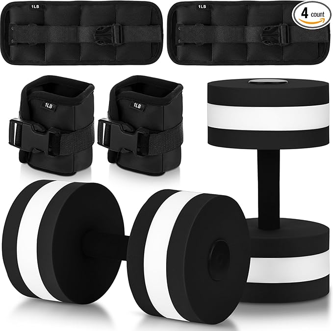 Water Aerobics Set, 4 Piece Pool Exercise Kit (2 Aqua Dumbbells + 2 Ankle/wrist Weights), EVA Foam, Low-impact Workout