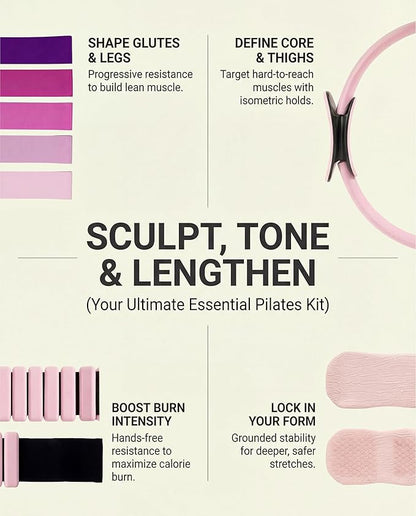 Pilates Equipment Kit for Home Workout, Pilates Kit, Pilates Ring Set, Pilates Ball, Adjustable Ankle And Wrist Weights, Resistance Bands, Grip Socks, Instruction Guides, Women Essentials Starter Set