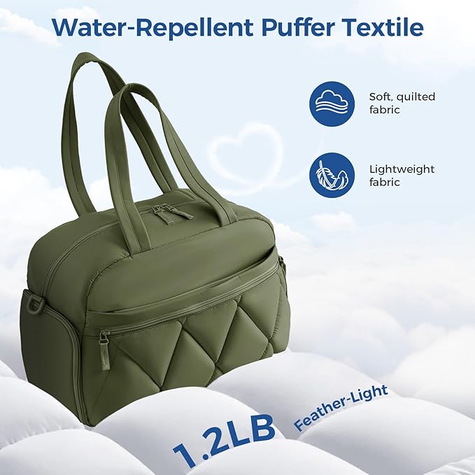 Gym Bag for Women, Puffer Travel Duffle Bag With Shoes Compartment & Wet Pocket, Carry On Tote Bag For Weekender, Overnight, Sport duffel bags for traveling (Green, Medium)
