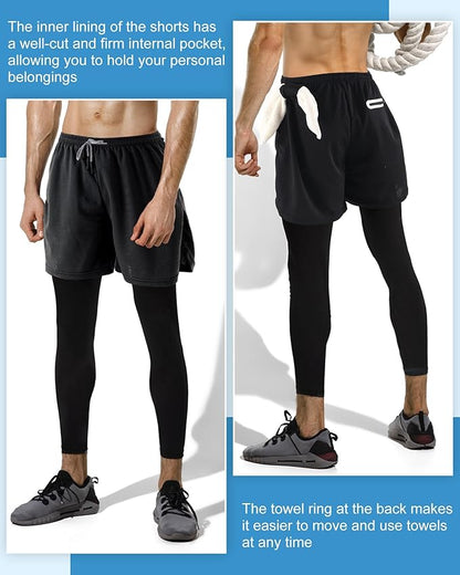 3 Pcs Men's 2 in 1 Athletic Running Pants Quick Dry Gym Workout Compression Pants with Pockets Towel Loop