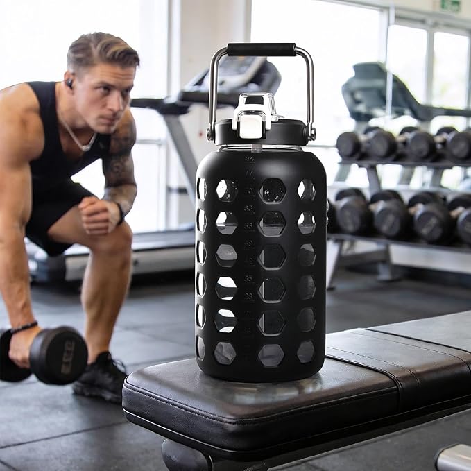MUKOKO 84 oz Glass Water Bottles,2.5 Liter Gallon Drinking Bottle with Handle,Large Glass Water Jug with Silicone Sleeve for Gym Sports,Time Marker,Wide Mouth,Black