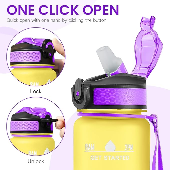 32 oz Motivational Water Bottle with Time Marker,Water Bottles with Times to Drink and Straw with Carrying Strap,Perfect For Fitness Gym Outdoor,BPA Free (Colorful)