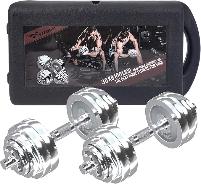 VIVITORY Fitness Dumbbells Set, Adjustable Weight Sets up to 11/22/44/66/100 lbs, with Metal Connecting Rod Used As Barbell, Chromed Weights, Hardcover Gift Box, Home Gym Work Out Training Equipment