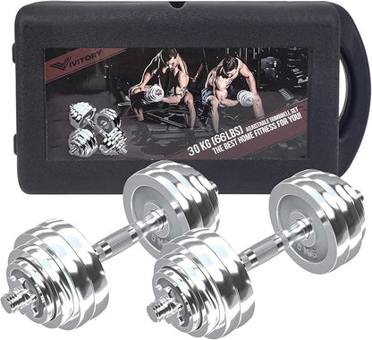 VIVITORY Fitness Dumbbells Set, Adjustable Weight Sets up to 11/22/44/66/100 lbs, with Metal Connecting Rod Used As Barbell, Chromed Weights, Hardcover Gift Box, Home Gym Work Out Training Equipment