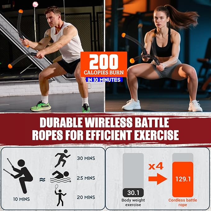 Weighted Ropeless Battle Ropes, Heavy Duty Portable Cordless Battle Ropes for Home Gym with Poster, Workout Exercise Rope for Strength Building, HIIT and Low-Impact Aerobic Training for Men & Women
