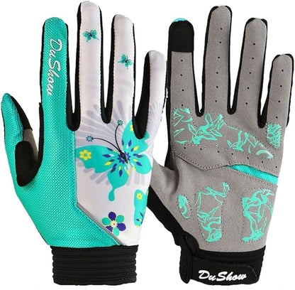 DuShow Bike Gloves for Women Cycling,Pink Floral Workout Gloves Women,Full Finger Biking Driving Riding Gloves for Women,Gel Padded Touch Screen Gym Gloves