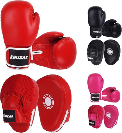 Kruzak Plain Focus Mitts and Boxing Gloves Set for Kickboxing and Muay Thai MMA Training - Fitness Kit with Punching Pads for Martial Arts and Karate