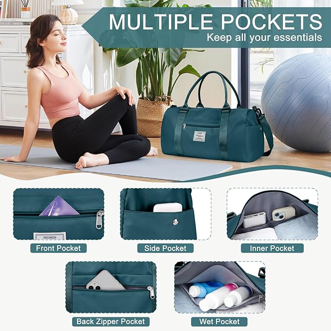 Gym Bag for Women Men with Shoes Compartment,Sports Duffle Bag Personal item travel Duffel Bags Tote Bag Small Carry on Weekender Overnight Bag Workout Dance Bag Hospital Holdalls Peacock Blue