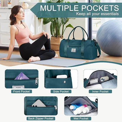 Gym Bag for Women Men with Shoes Compartment,Sports Duffle Bag Personal item travel Duffel Bags Tote Bag Small Carry on Weekender Overnight Bag Workout Dance Bag Hospital Holdalls Peacock Blue