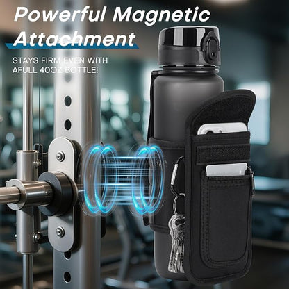 Magnetic Gym Water Bottle Bag – Instantly Attach to Metal Devices, Racks & Machines, Fits 18–40oz Bottles, Gym Accessories with Phone Pocket & Key Clip for Men & Women