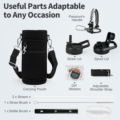 32 oz Insulated Water Bottle with Straw, Stainless Steel Triple Wall Vacuum Sports Water Jug, Leakproof Hydro Cup Flask with Paracord Handle & Straw Spout Lids & DIY Stickers
