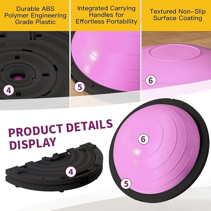 Vtory Foldable Balance Ball, Upgrate Half Ball Balance Trainer, 1300 lbs Capacity Stability Ball, 23.5 Inch Yoga Half Ball, with Resistance Band & Foot Pump, No-slip Blue Pink