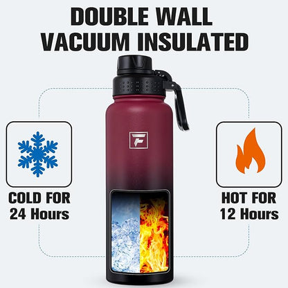 Fanhaw 40 oz Insulated Water Bottle – Stainless Steel Flask with 3 Lids (Straw, Spout, Carabiner) | Durable, Leakproof, for Hiking, Camping, Outdoor Adventures & Travel (Red Black)