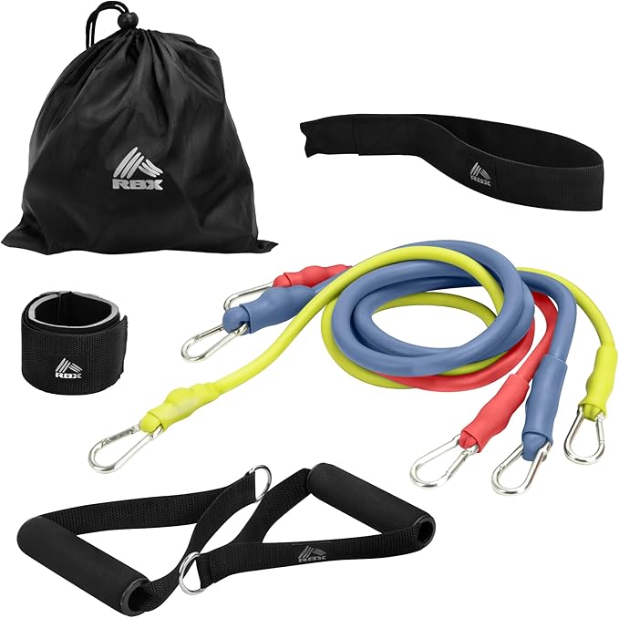 RBX 6 Piece Home Gym Resistance Kit - Light, Medium, Heavy Resistance Bands, Grip Handles, Door Anchor, Ankle Strap & Carry Bag