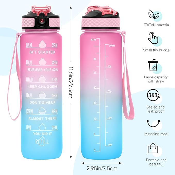 32 oz Water Bottles with Times to Drink and Straw, Motivational Water Bottle with Time Marker, Leakproof & BPA Free, Drinking Sports Water Bottle WIth Hand Strap for Fitness, Gym & Outdoor (pink-1)