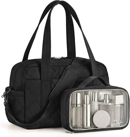 Percover Women Gym Bag with Toiletry Organizer Pouch, Quilted Workout Duffle with Compartments for Daily Fitness & Yoga, Locker-Friendly Soft Carry, Midnight Black