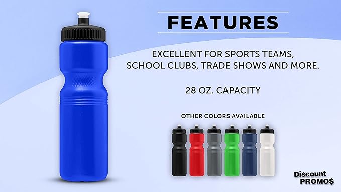 DISCOUNT PROMOS 28 oz. Push Cap Plastic Water Bottles Set of 6, Bulk Pack - Perfect for Gym, Hiking, Camping, Outdoor Sports - Reflex Blue