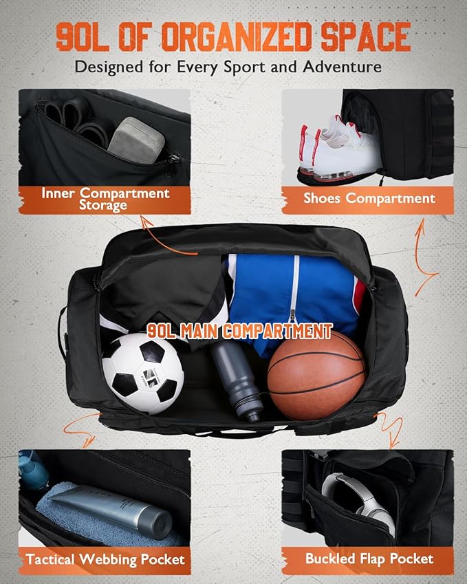 Gonex 90L Large Duffel Bag for Men, Heavy Duty 3 in 1 Convertible Carry Travel Sports Duffle, with Tactical Loops, Shoe Compartment(Black)