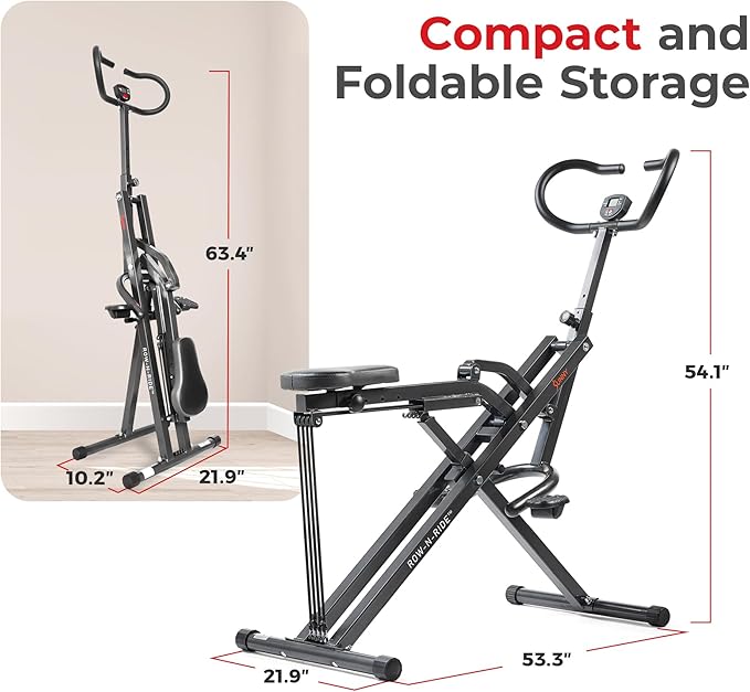 Sunny Health & Fitness Row-N-Ride Squat Machines, Adjustable Resistance and Seating/Handle for Home Glutes Training, SunnyFit App Access Included, Optional 300LB Weight Capacity