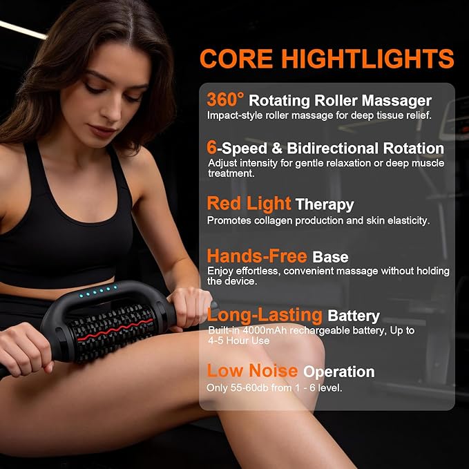 Electric Rolling Massager with Redlight, Lymphatic Drainage Massager for lymphedema & lipedema, Muscle recovery Stick and Back Massage Roller, 6-Speed Massage Roller Tool for Arm, Legs, Calf, Foot