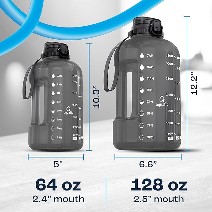 AQUAFIT Half Gallon Water Bottle with Time Marker - Straw & Chug Lid - BPA Free Gym Water Bottle with Straw - Big Gallon Jug (Gray, 64 oz - 2in1 Lid)