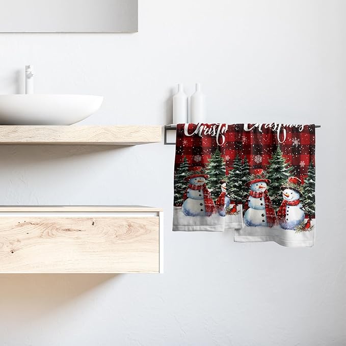 Xmas Snowman Small Bathroom Towels Set Merry Christma Black Red Buffalo Plaid Hand Towels Winter Trees Holiday Kitchen Dish Towels Absorbent Fingertip Towel for Hotel Beach Gym Spa 28x14 inch