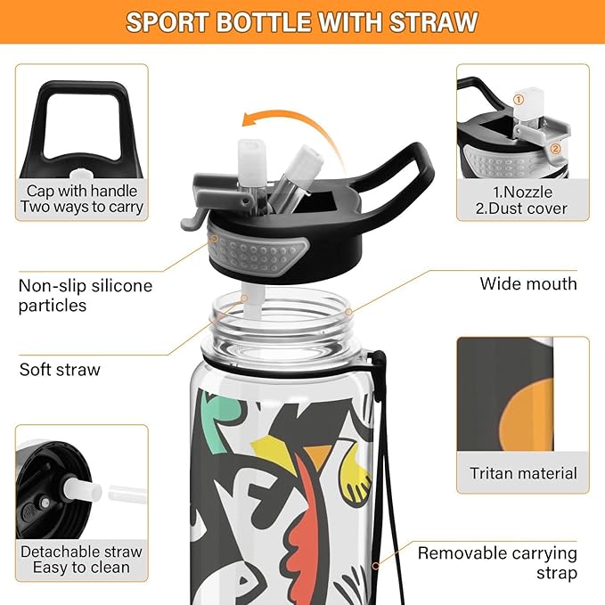 Fustylead Imaginary Animals in Picasso-style 32 oz Water Bottle with Straw, Leakproof Clear Sport Bottles for Women Men Outdoor Sport Drinking