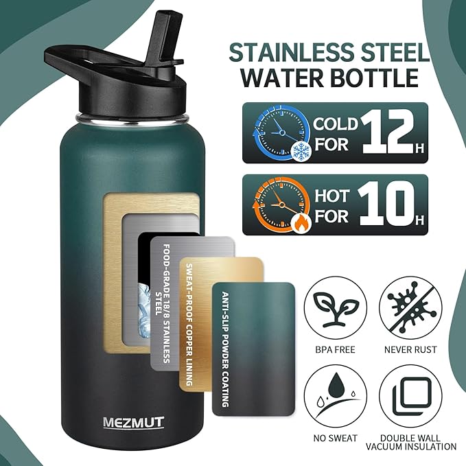 MEZMUT Stainless Steel Water Bottles 32oz Insulated Water Bottle with Straw&2 Lids Double Walled Sports Metal Cups Water Bottle Cup Leak-Proof Vacuum Insulated Bottles Travel (Gradient Green Black)