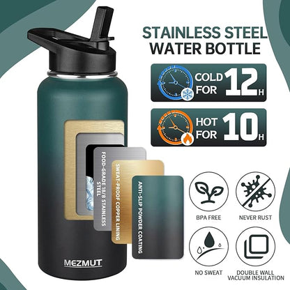 MEZMUT Stainless Steel Water Bottles 32oz Insulated Water Bottle with Straw&2 Lids Double Walled Sports Metal Cups Water Bottle Cup Leak-Proof Vacuum Insulated Bottles Travel (Gradient Green Black)