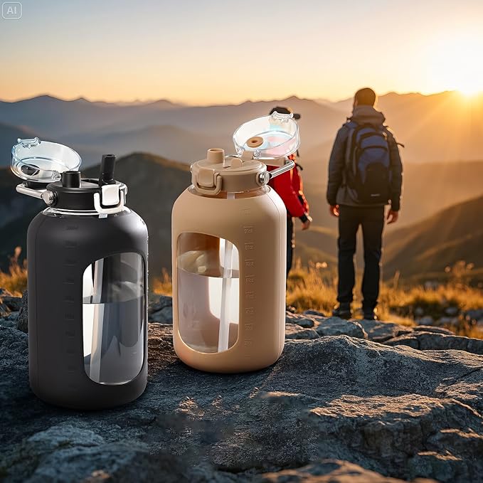 Large Glass Water Bottles with Stainless Steel Handle,100 oz Gallon Drinking Bottle with 2-in-1 Straw Lid,3 Liter Glass Water Jug with Silicone Sleeve,Wide Mouth,Amber