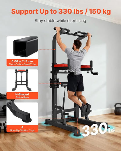 VEVOR Pull Up Bar, 330 LBS Power Tower Dip Station, Workout Dip Station with H-Shaped Stable Base & Assistance Platform, Adjustable 9 Level Height Pullup Stand for Back, 3-Level Adjustable Elbow Pads