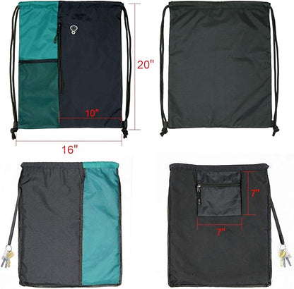 Drawstring Backpack Sports Gym Bag for Women Men Large Lightweight Backpack with Zipper and Water Bottle Mesh Pockets (Black/Teal)