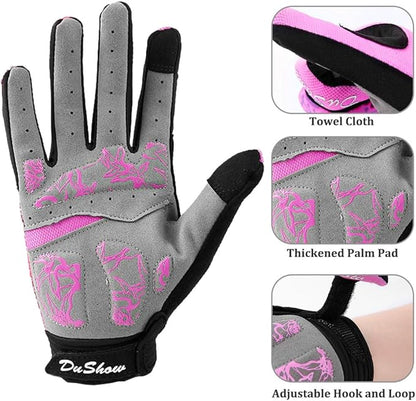 DuShow Bike Gloves for Women Cycling,Pink Floral Workout Gloves Women,Full Finger Biking Driving Riding Gloves for Women,Gel Padded Touch Screen Gym Gloves