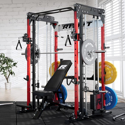 RitFit M1 Pro Smith Machine Package, All-in-One Power Cage with Weight Stack Set, Includes LAT Pulldown & Cable Crossover System for Home Gym