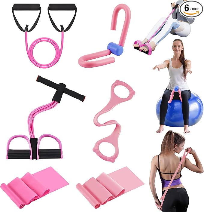 6 Pcs Fitness Resistance Exercise Bands 6 Tube Pedal Puller Resistance Band Set for Women Weight Loss Thigh Training Workout Equipment Elastic Arms Abdomen Shoulder Waist Leg Beginners Yoga