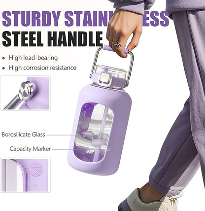 Large Glass Water Bottles with Stainless Steel Handle,100 oz Gallon Drinking Bottle with 2-in-1 Straw Lid,3 Liter Glass Water Jug with Silicone Sleeve,Wide Mouth,Purple