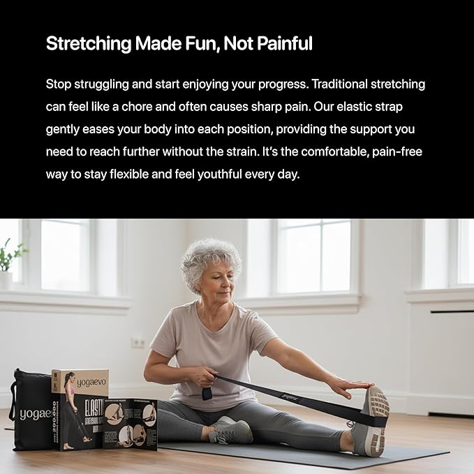 YOGA-EVO Elastic Stretching Strap with 10 Loops Premium Cotton Yoga Strap for Flexibility, Physical Therapy & Muscle Activation Includes Comprehensive HD Video Training & Digital Guide Latex-Free